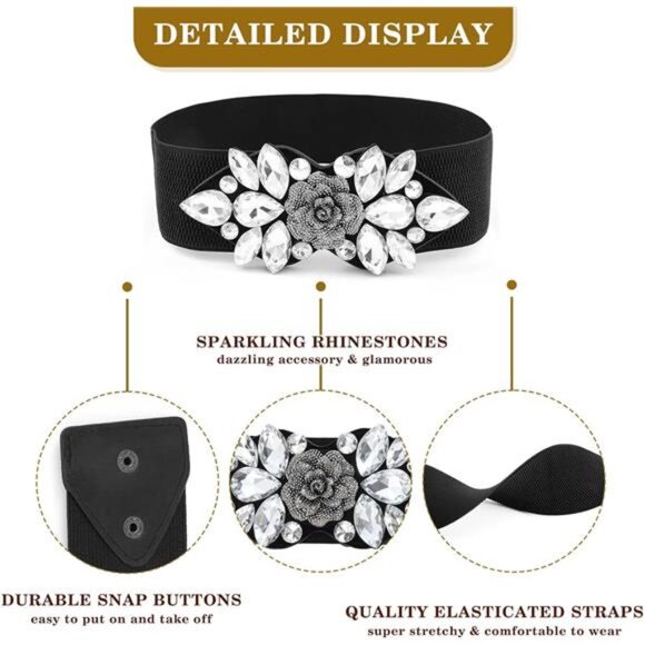 Rhinestone Belt Formal Belt Women Stretch Dressy Elastic Flower Belts Fancy - Picture 3 of 7